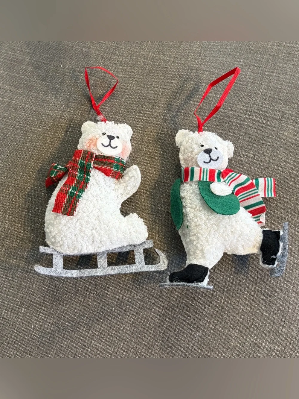 Set of 2 Plush Polar Bear Christmas Ornaments Skating & Sledding